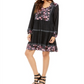 Vestido feminino estilo camponês de malha estampada, preto, tamanho pequeno L