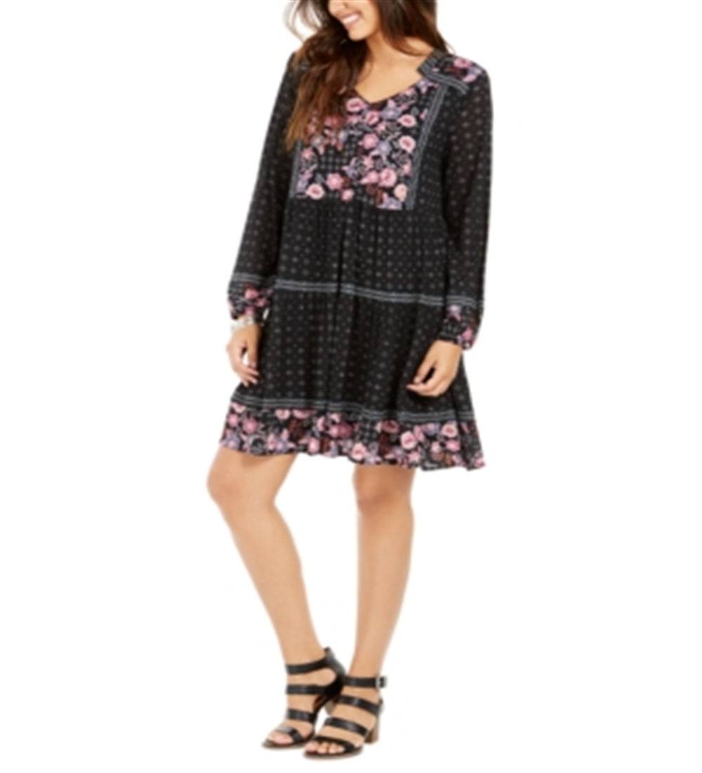 Vestido feminino estilo camponês de malha estampada, preto, tamanho pequeno L
