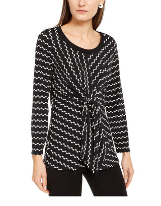 Blusa de malha estampada com amarração frontal Alfani feminina, preta, tamanho médio