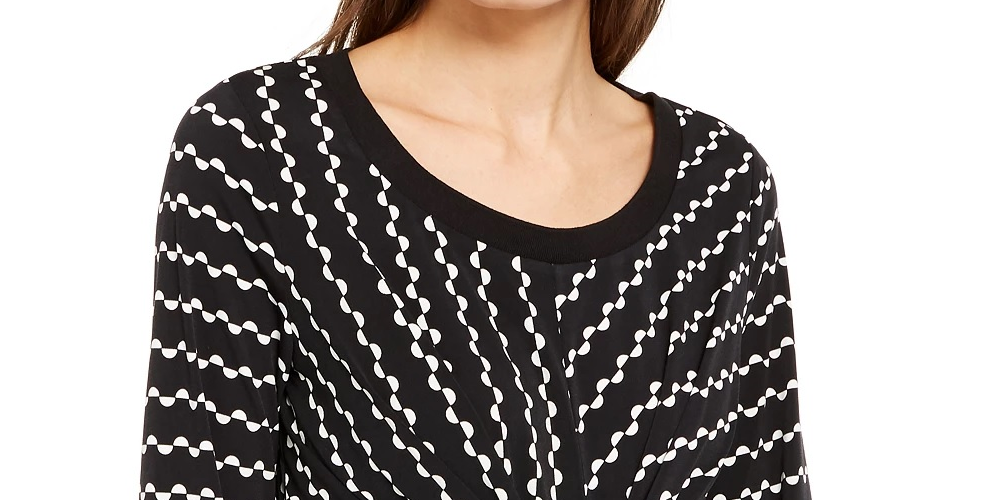Blusa de malha estampada com amarração frontal Alfani feminina, preta, tamanho médio