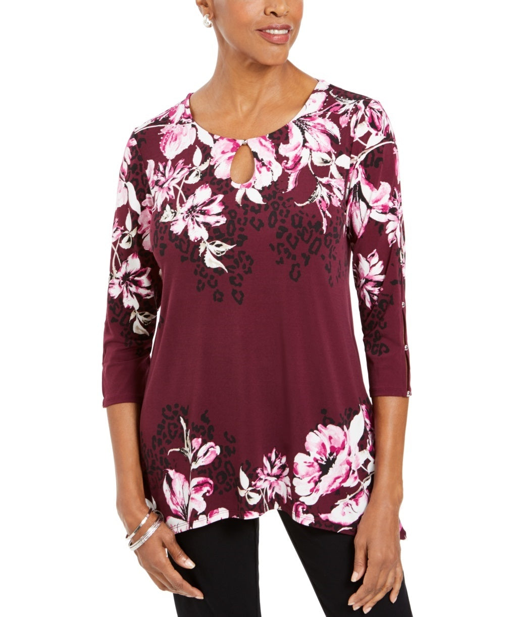 JM Collection Blusa feminina com estampa floral e detalhes em roxo, tamanho X-S