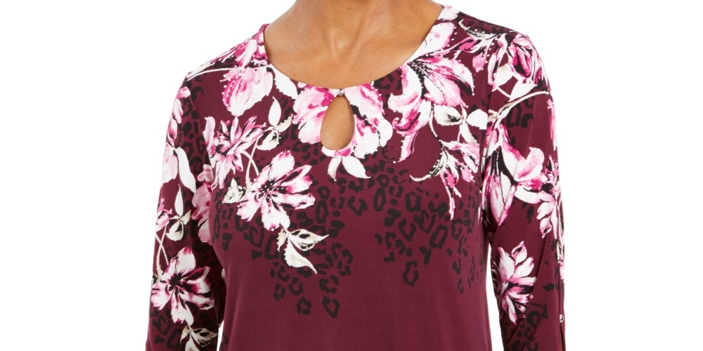 JM Collection Blusa feminina com estampa floral e detalhes em roxo, tamanho X-S