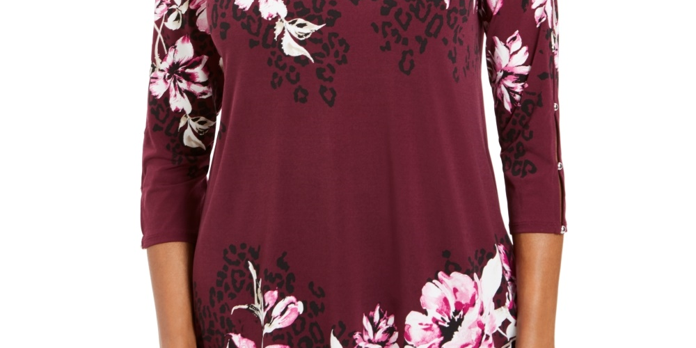 JM Collection Blusa feminina com estampa floral e detalhes em roxo, tamanho X-S