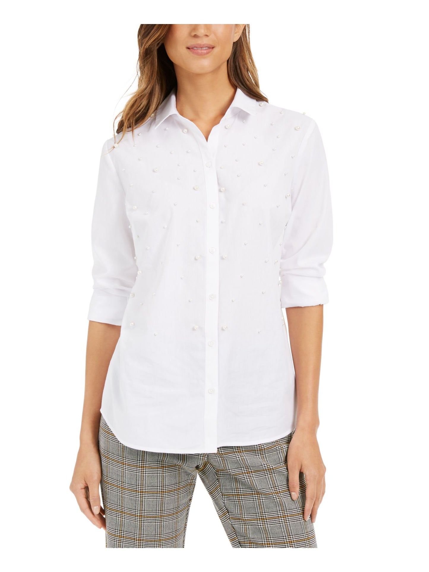 Charter Club Blusa feminina lisa com punho e gola, botões, para usar no trabalho, branca, tamanho pequeno pequeno