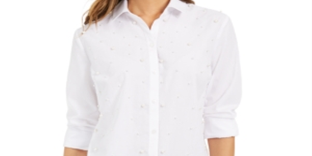 Charter Club Blusa feminina lisa com punho e gola, botões, para usar no trabalho, branca, tamanho pequeno pequeno