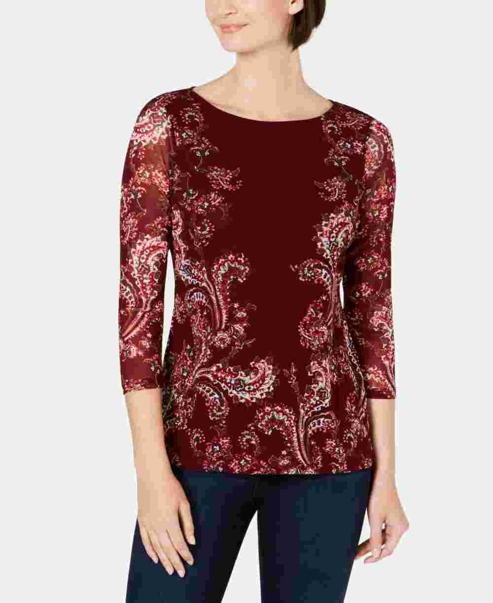 Charter Club Blusa de malha com estampa floral feminina, vermelha, tamanho pequeno e pequeno