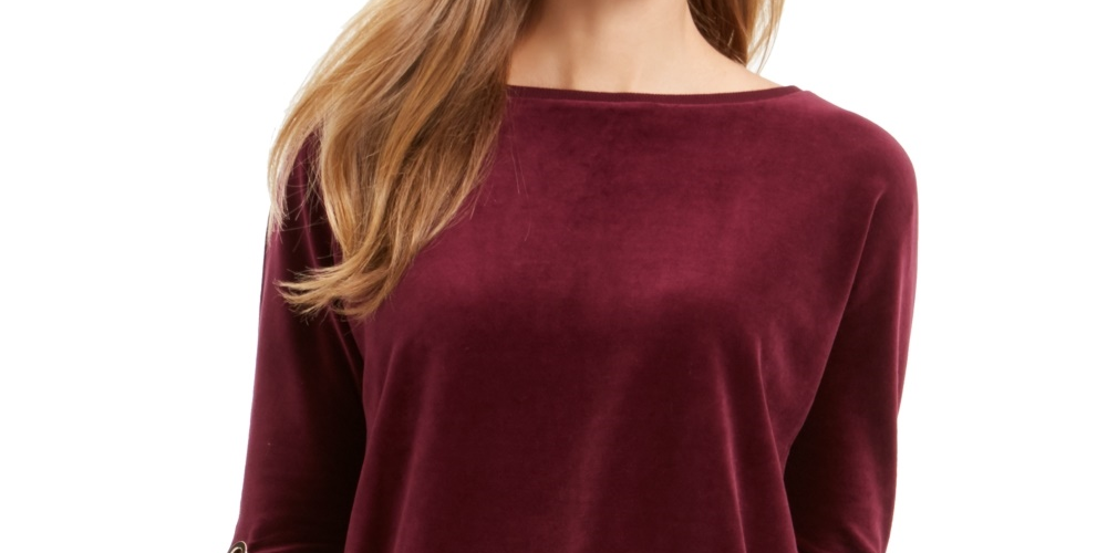 Charter Club Blusa de veludo com manga amarrada, feminina, roxa, tamanho médio