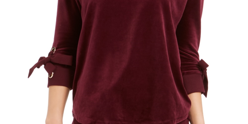 Charter Club Blusa de veludo com manga amarrada, feminina, roxa, tamanho médio