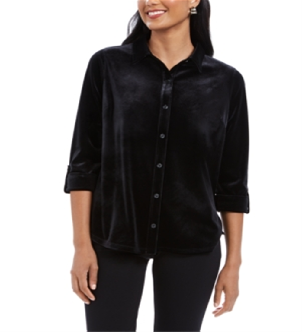 Blusa de veludo feminina Charter Club com botões frontais, preta, tamanho pequeno P/M