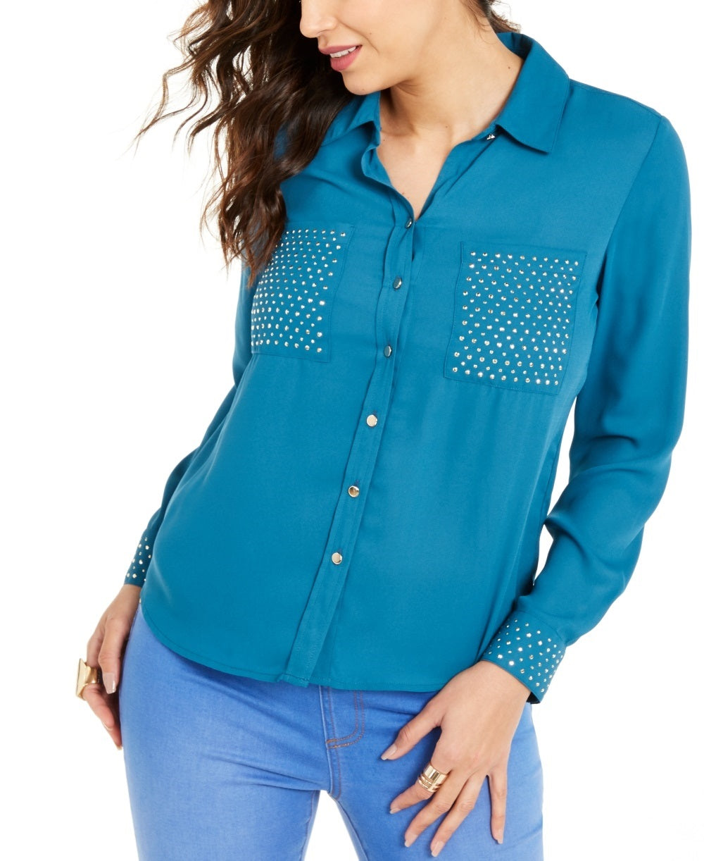 Camisa feminina Thalia Sodi com tachas, azul, tamanho X-G