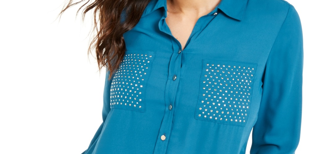 Camisa feminina Thalia Sodi com tachas, azul, tamanho X-G