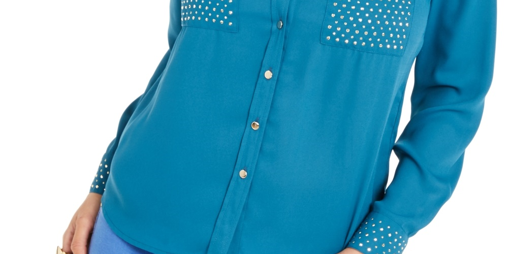 Camisa feminina Thalia Sodi com tachas, azul, tamanho X-G