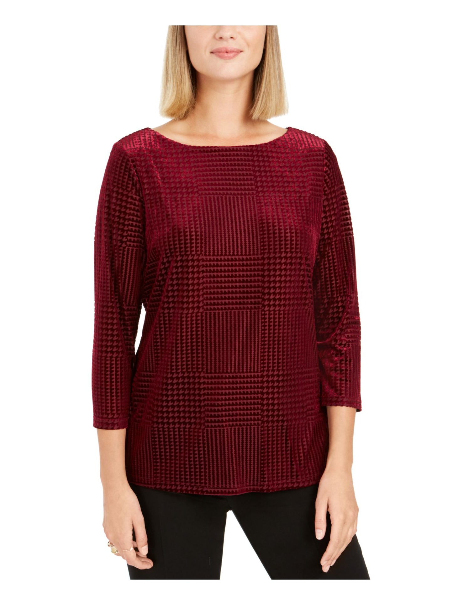 Blusa feminina estampada com manga 3/4 e gola redonda, top de noite, vermelha, tamanho pequeno e pequeno