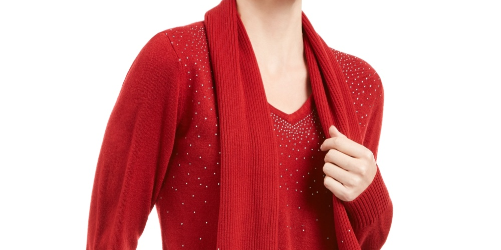 Karen Scott Suéter Feminino com Cachecol Enfeitado Médio Vermelho Tamanho XX-G