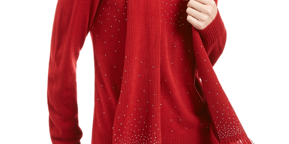 Karen Scott Suéter Feminino com Cachecol Enfeitado Médio Vermelho Tamanho XX-G