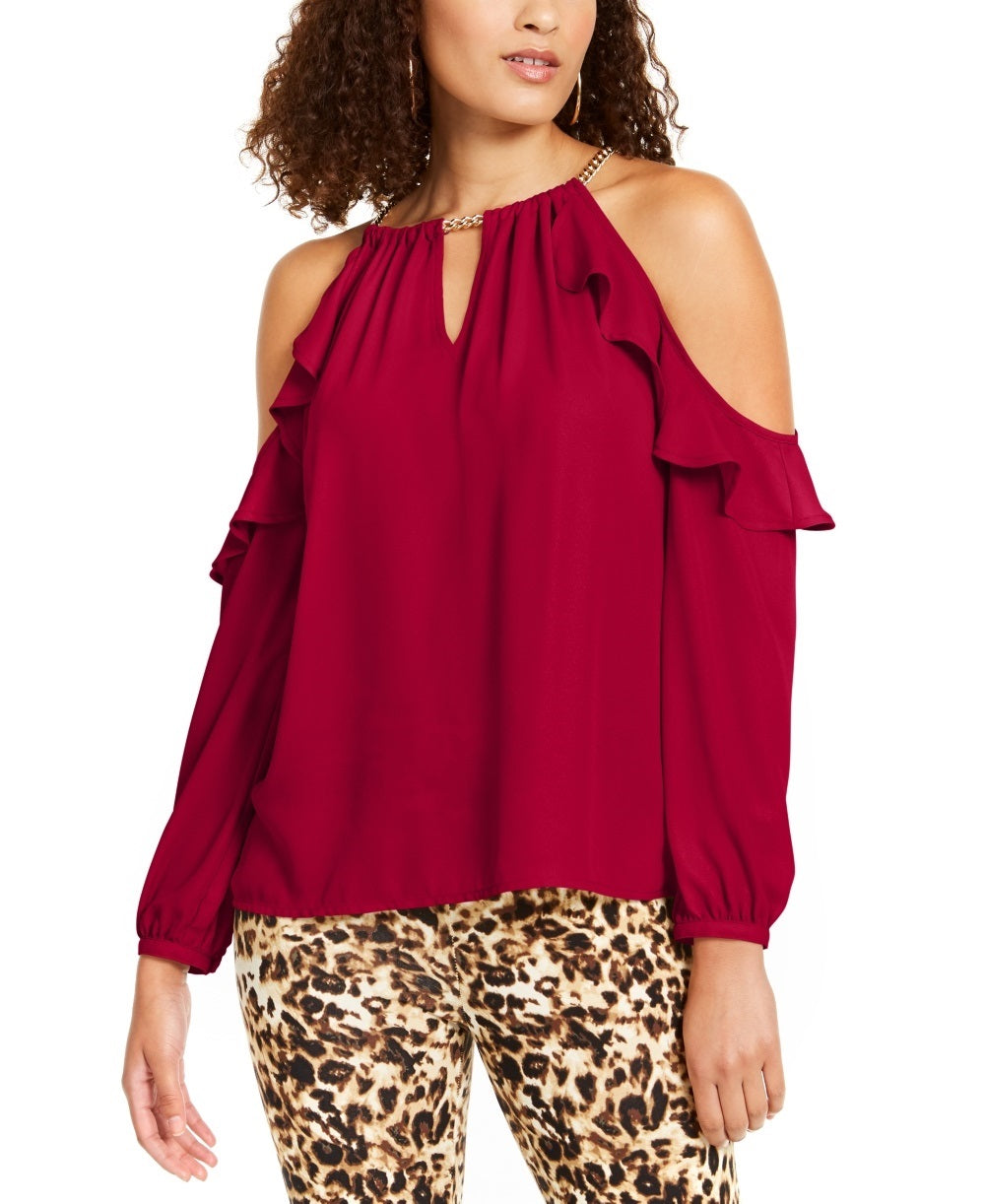 Blusa feminina Thalia Sodi com babados e ombros descobertos, vermelha, tamanho grande