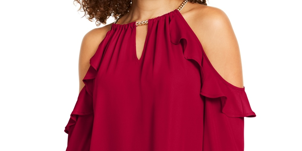 Blusa feminina Thalia Sodi com babados e ombros descobertos, vermelha, tamanho grande
