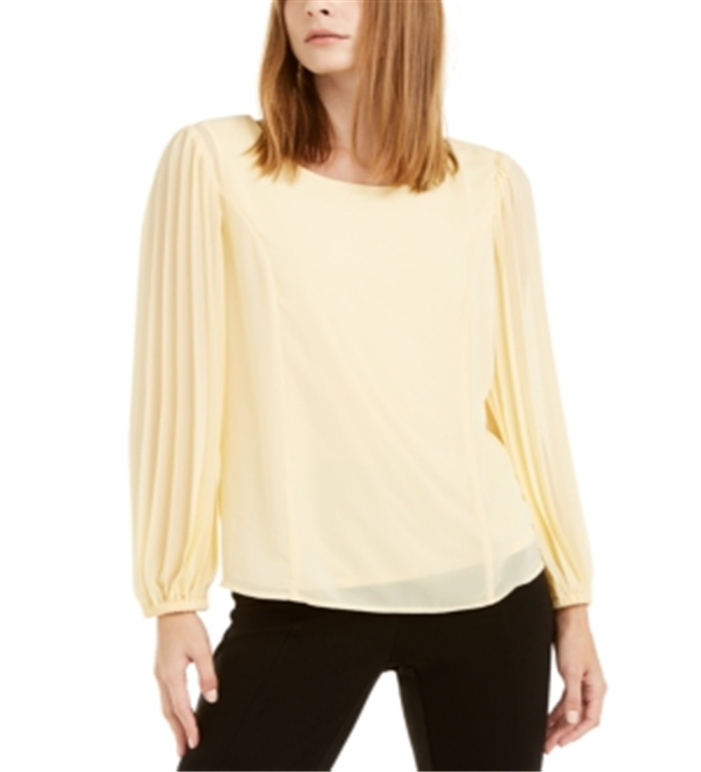 Blusa feminina Alfani com manga plissada, amarela, tamanho pequeno XL