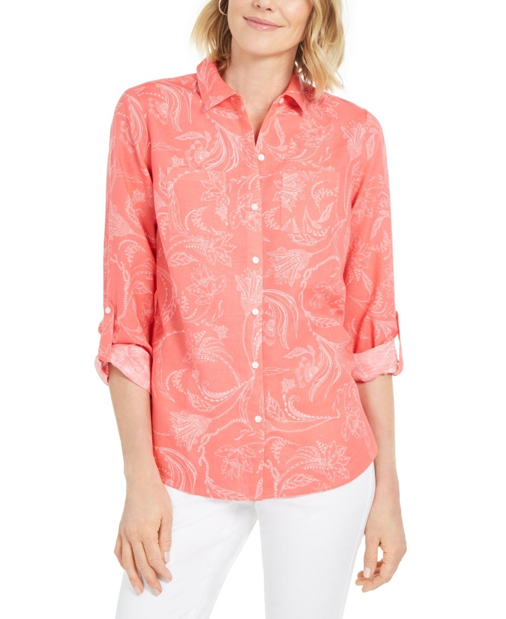 Camisa feminina Charter Club Artful Paisleys estampada em mistura de linho vermelha tamanho grande