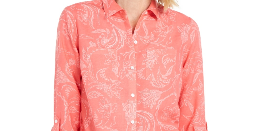 Camisa feminina Charter Club Artful Paisleys estampada em mistura de linho vermelha tamanho grande