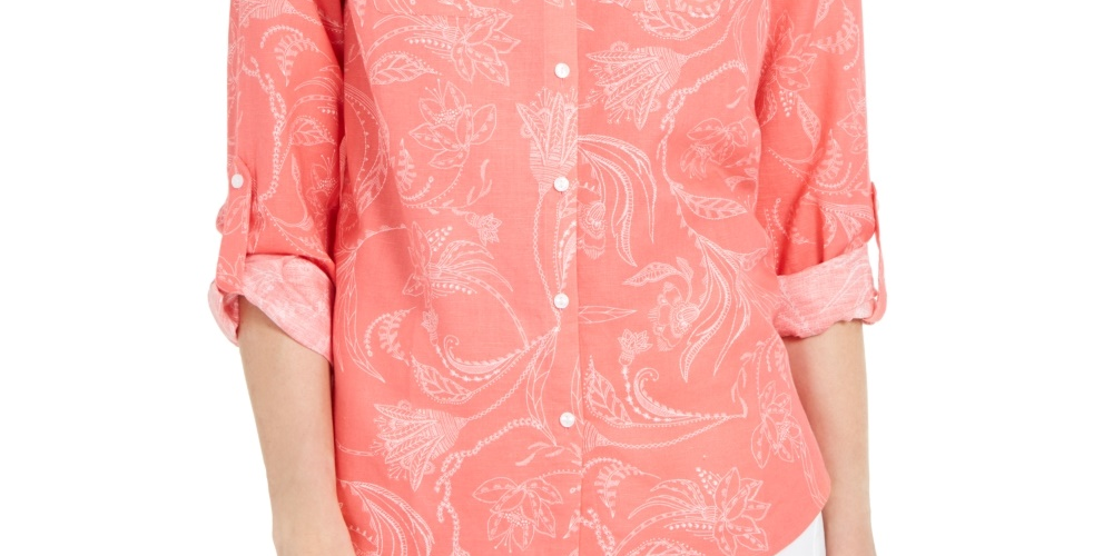 Camisa feminina Charter Club Artful Paisleys estampada em mistura de linho vermelha tamanho grande