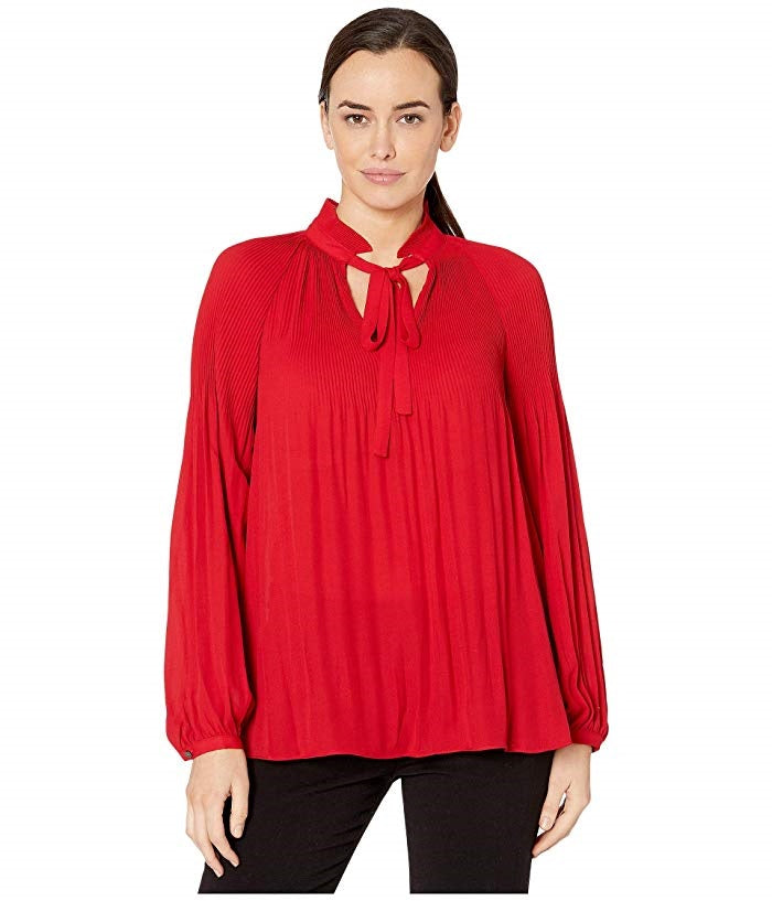 Ralph Lauren Georgette Top com decote em V, tamanho médio, vermelho