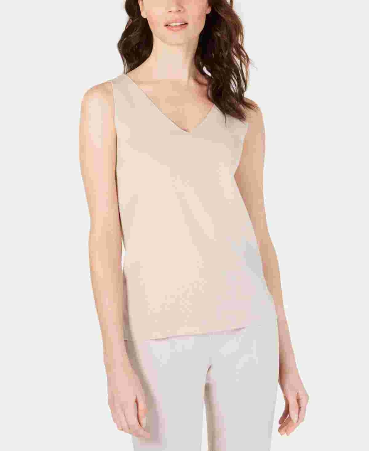 Blusa feminina Anne Klein com decote em V duplo, sem mangas, bege, tamanho extragrande