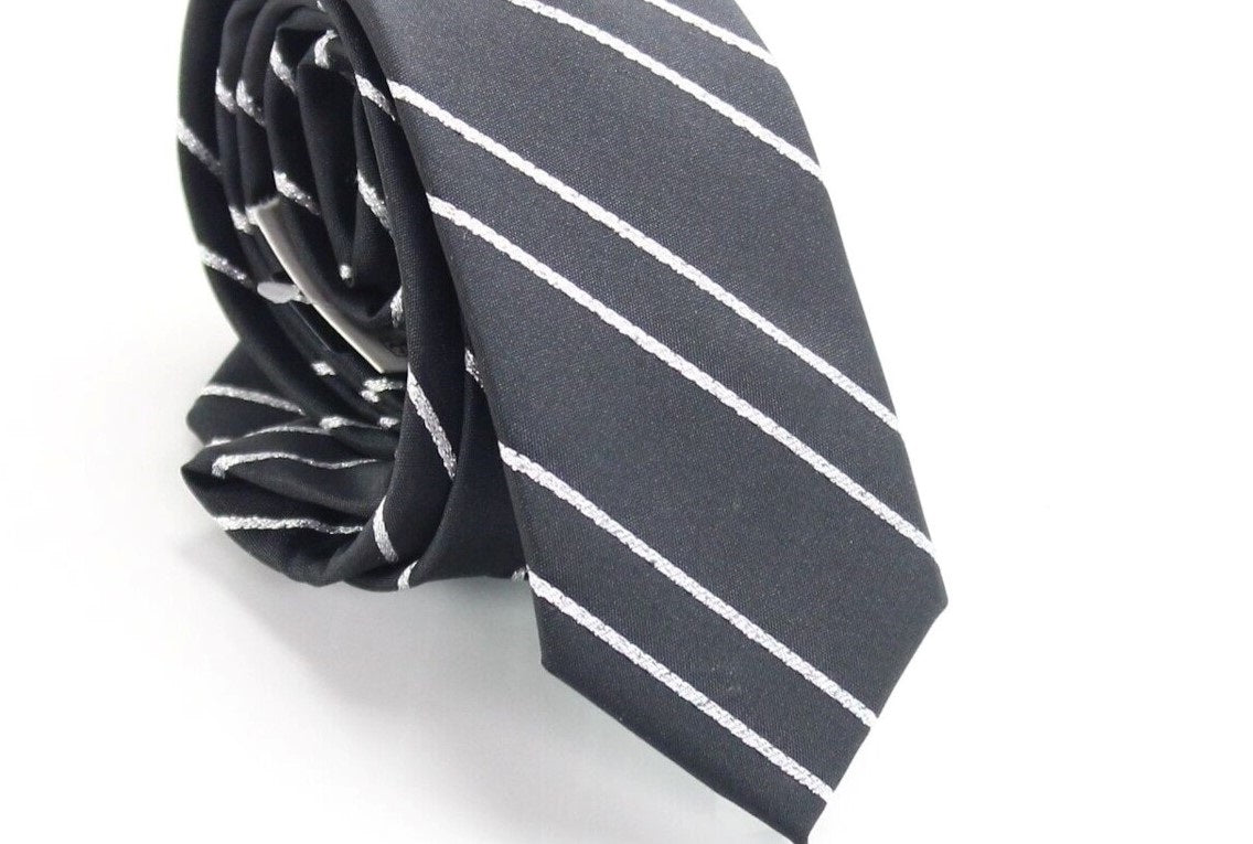 Gravata fina listrada preta masculina INC, cinza, tamanho regular