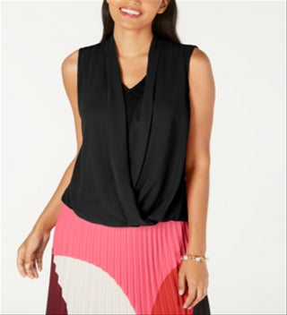 Blusa feminina Alfani sem mangas com frente drapeada, preta, tamanho pequeno e pequeno