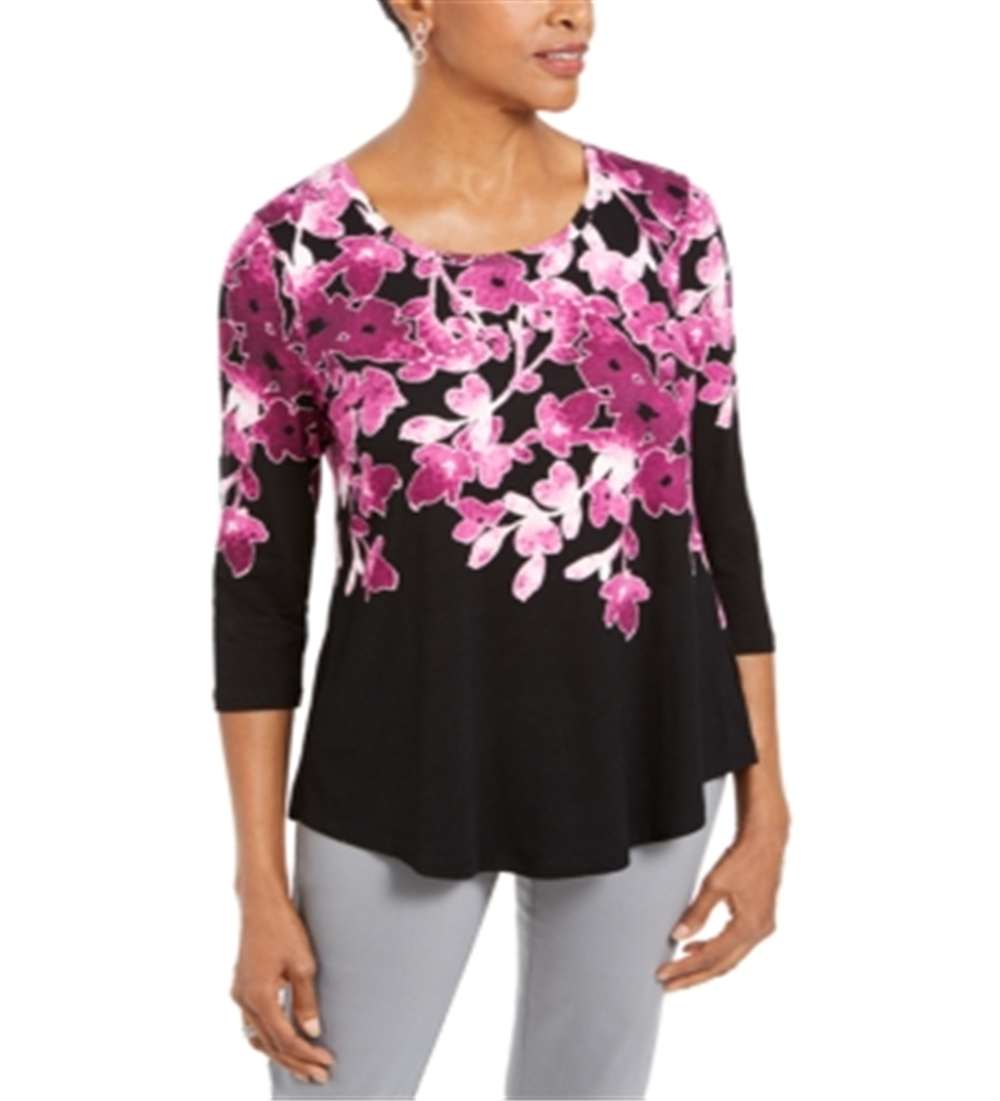 JM Collection Blusa feminina estampada com decote redondo, roxa, tamanho pequeno