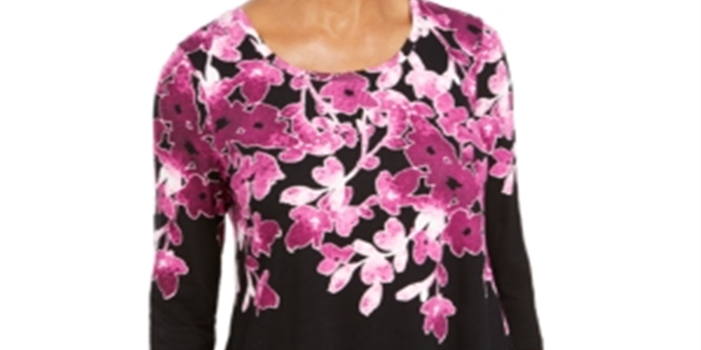 JM Collection Blusa feminina estampada com decote redondo, roxa, tamanho pequeno