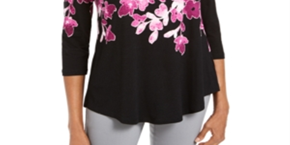 JM Collection Blusa feminina estampada com decote redondo, roxa, tamanho pequeno