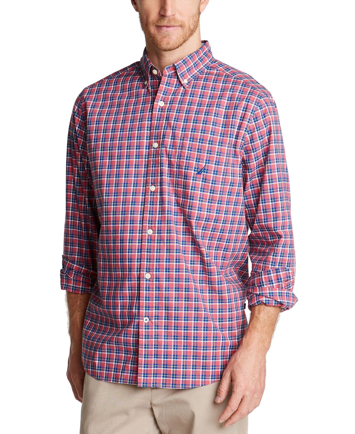 Camisa casual masculina Nautica com gola xadrez e botões - vermelha, tamanho médio