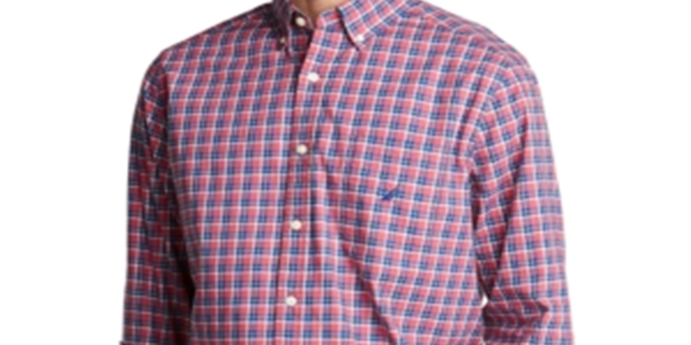Camisa casual masculina Nautica com gola xadrez e botões - vermelha, tamanho médio