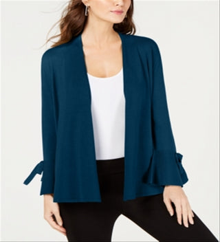 Cardigan feminino Alfani com manga amarrada e azul-petróleo, tamanho pequeno GG