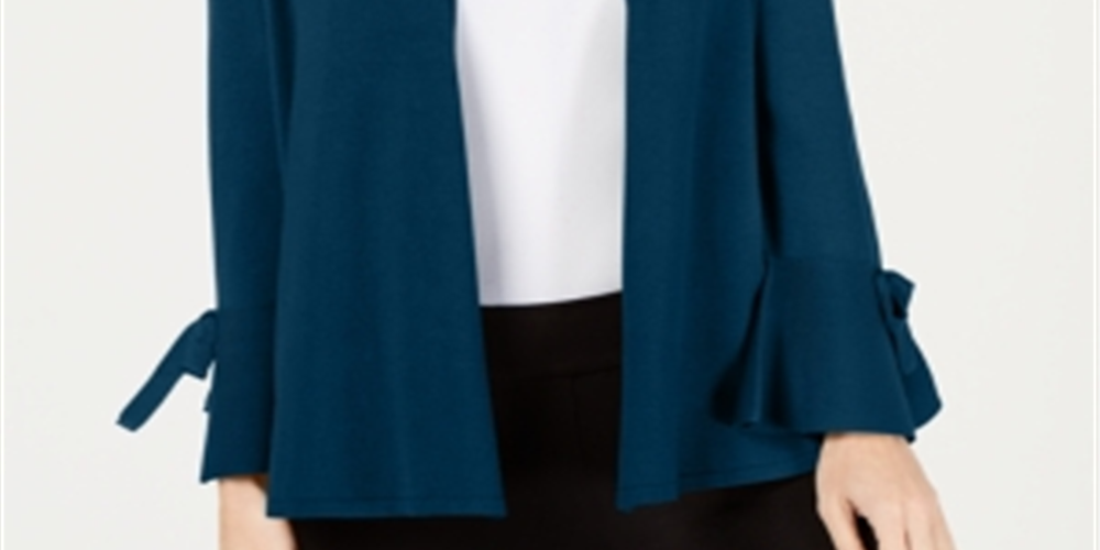 Cardigan feminino Alfani com manga amarrada e azul-petróleo, tamanho pequeno GG