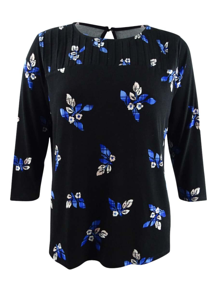 Blusa feminina Charter Club com estampa floral e jugo plissado, preta e azul, tamanho pequeno P