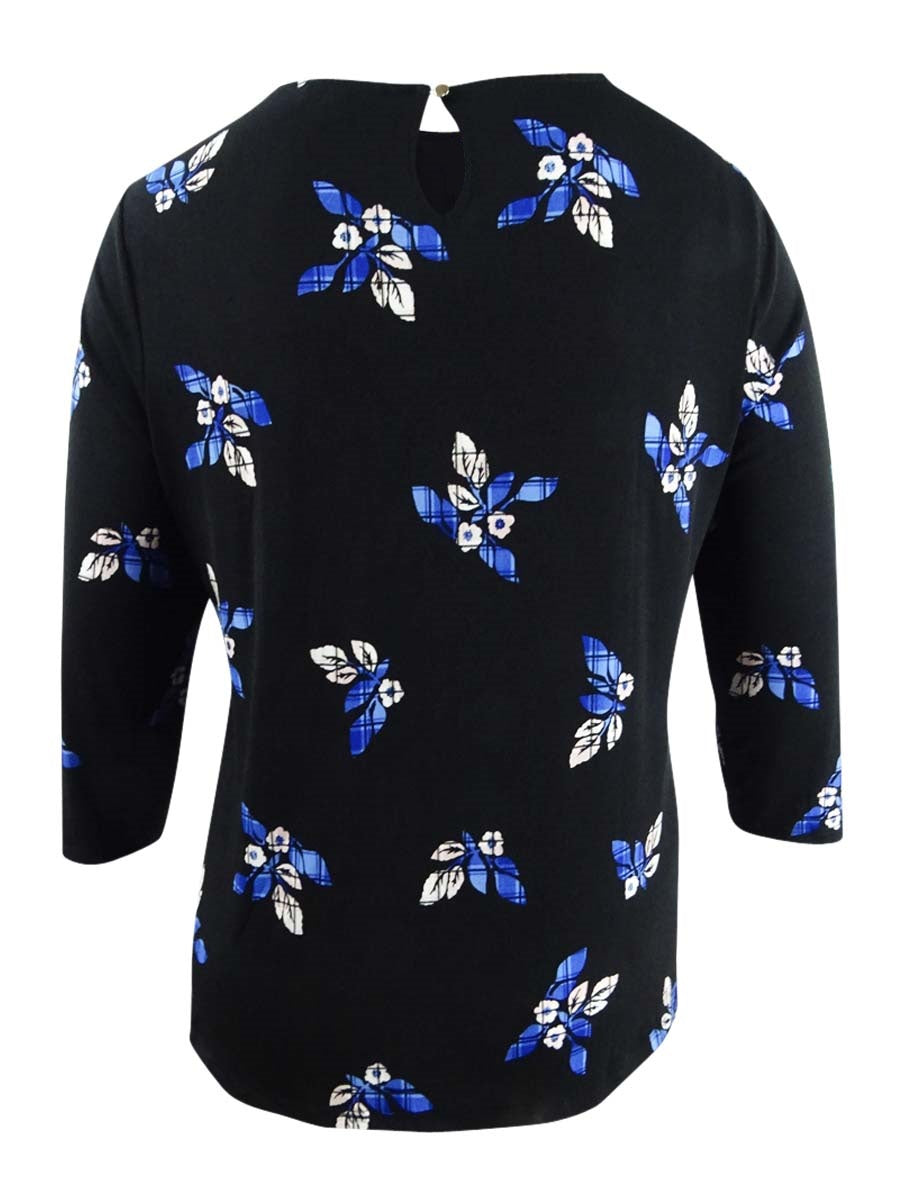 Blusa feminina Charter Club com estampa floral e jugo plissado, preta e azul, tamanho pequeno P
