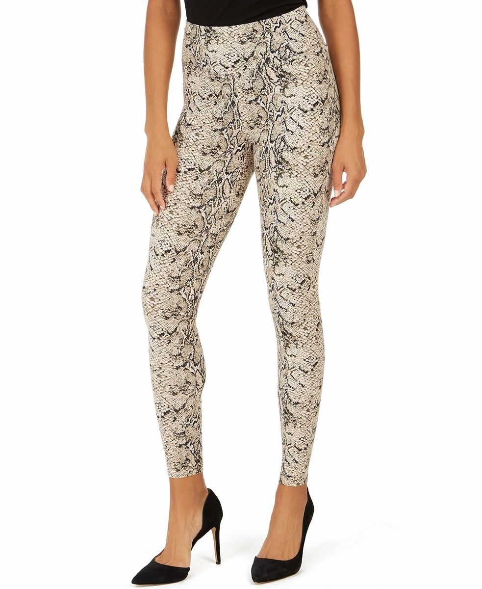 Calça legging feminina de malha modeladora INC International Concepts, comprimento total, pele de cobra, preta, bege, tamanho P