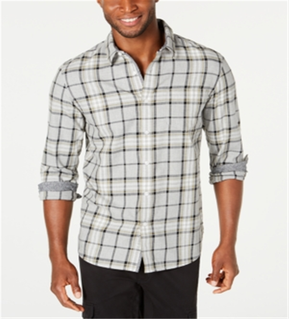 Camisa xadrez masculina American Rag com botões e gola baixa, cinza, tamanho médio