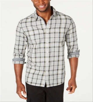 Camisa xadrez masculina American Rag com botões e gola baixa, cinza, tamanho médio