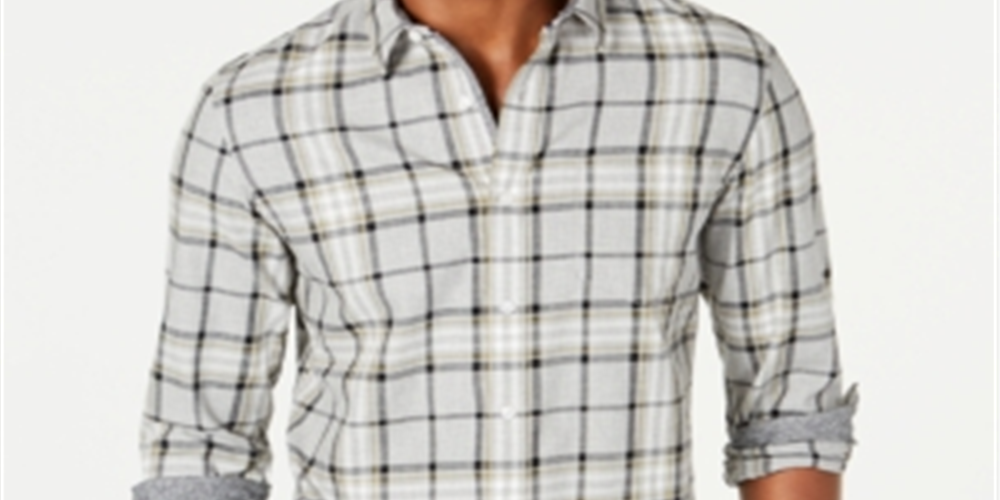 Camisa xadrez masculina American Rag com botões e gola baixa, cinza, tamanho médio