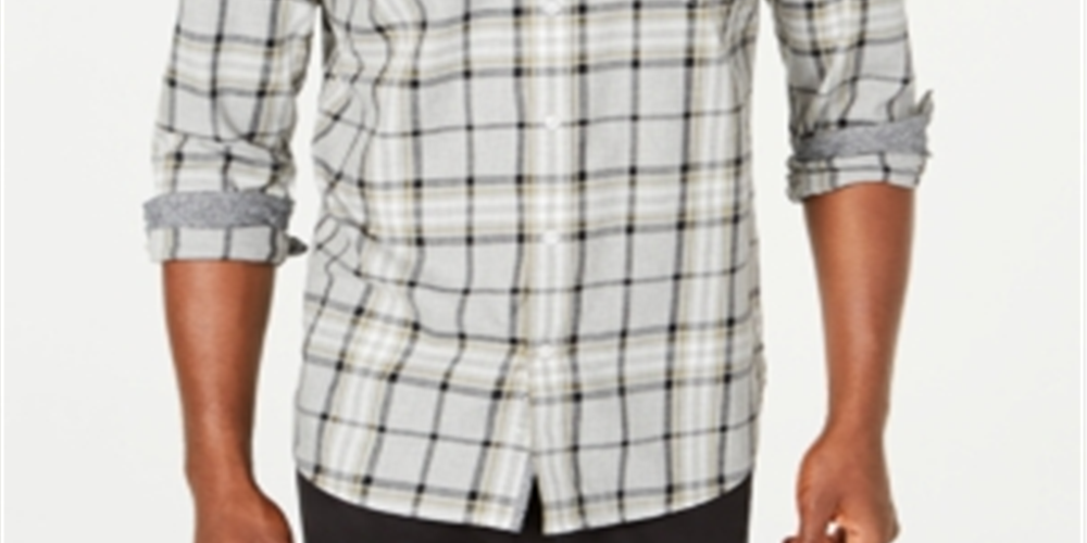 Camisa xadrez masculina American Rag com botões e gola baixa, cinza, tamanho médio