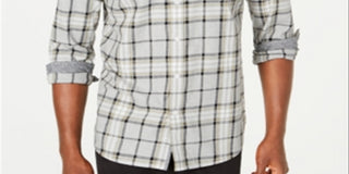 Camisa xadrez masculina American Rag com botões e gola baixa, cinza, tamanho médio