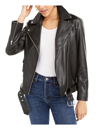Jaqueta feminina Bar III de couro sintético com cinto, preta, tamanho extragrande