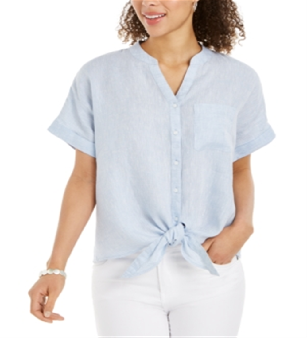 Camisa feminina Charter Club de linho com botões frontais e amarração, azul, tamanho XX-G