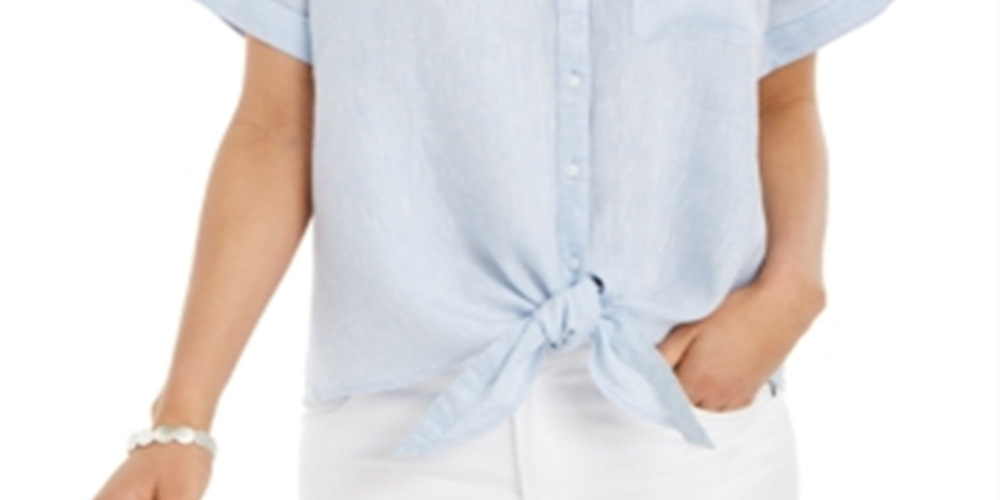 Camisa feminina Charter Club de linho com botões frontais e amarração, azul, tamanho XX-G