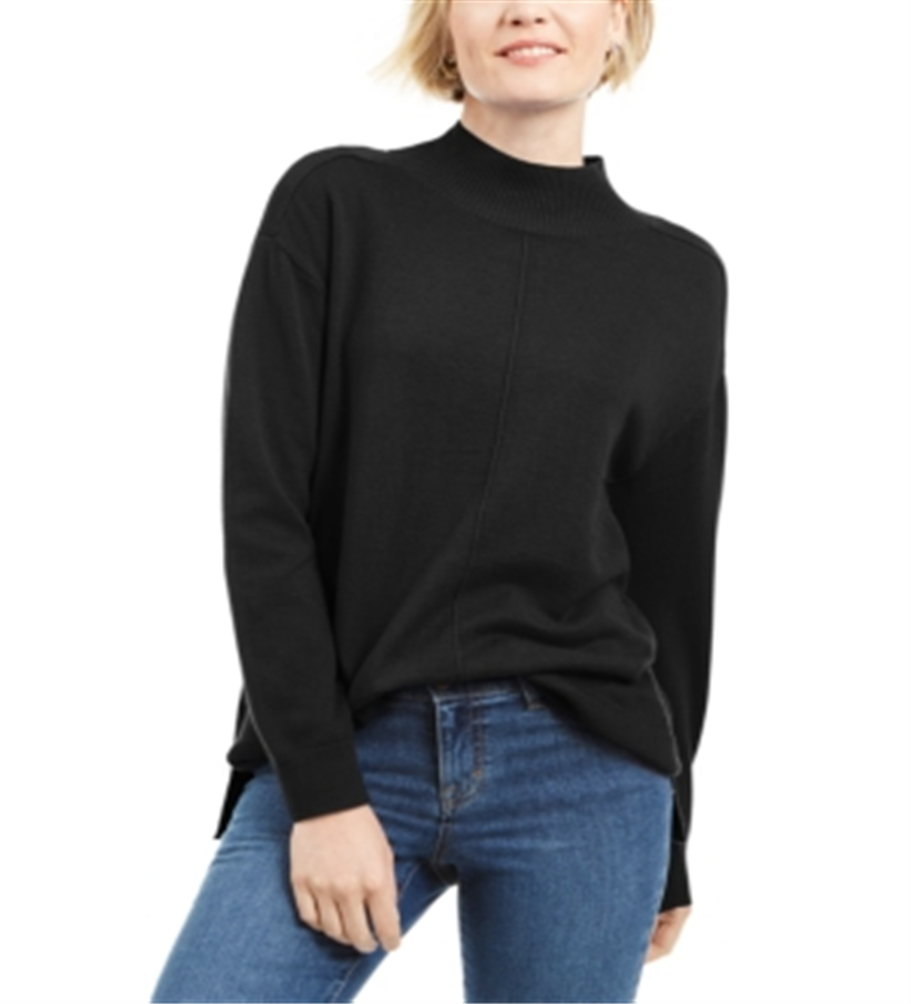 Karen Scott Suéter Feminino de Algodão com Detalhe de Costura e Gola Simulada, Preto, Tamanho X-S