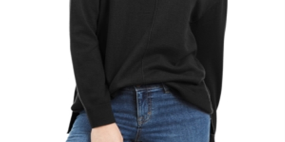 Karen Scott Suéter Feminino de Algodão com Detalhe de Costura e Gola Simulada, Preto, Tamanho X-S
