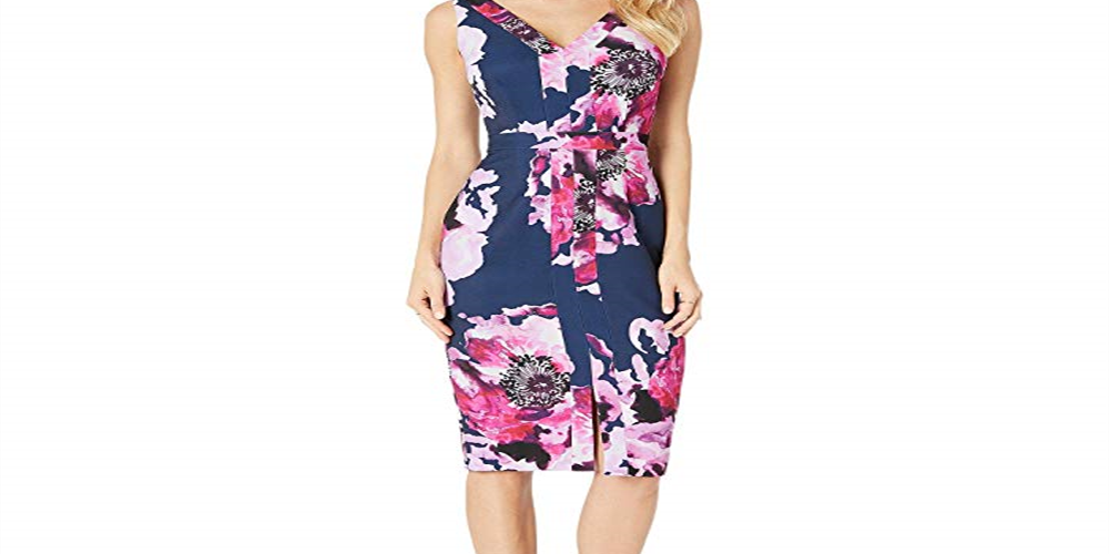 Vestido justo com estampa floral Trina Turk feminino, azul-marinho/roxo, tamanho 4
